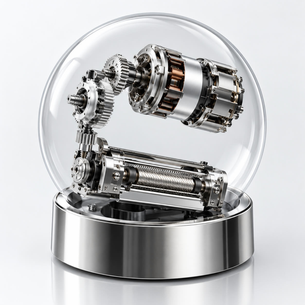 Illustrative cutaway: a motor, gear train and cutting drive inside a glass sphere on a chrome base