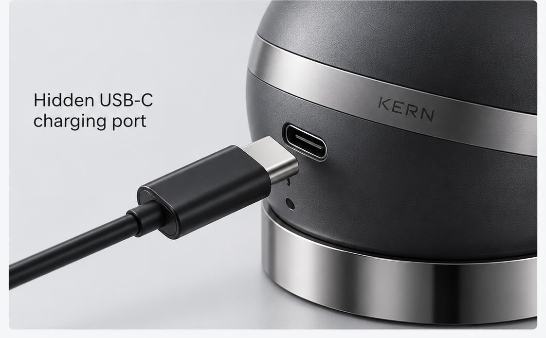 Hidden USB-C charging port on the sphere with a cable about to connect